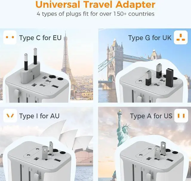 Alt view image 2 of 7 - TESSAN Universal Travel Adapter 21W, International Plug Adaptor with 2 USB C Wall Charger 2 USB A Ports, Worldwide Power Outlet Travel Essentials for US to European EU UK AUS (Type C/G/A/I)