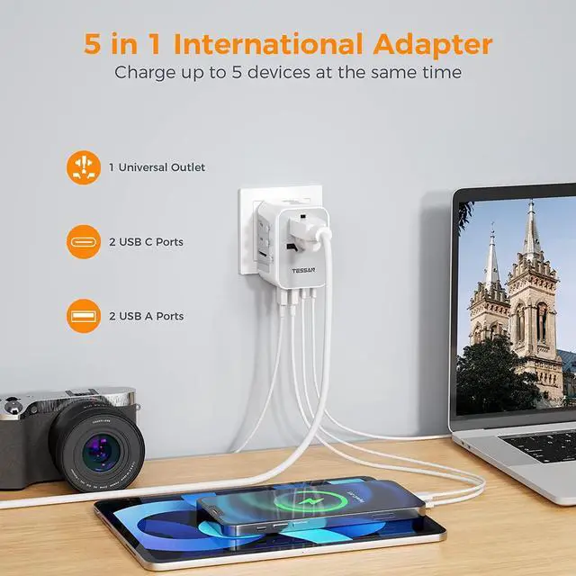 Alt view image 3 of 7 - TESSAN Universal Travel Adapter 21W, International Plug Adaptor with 2 USB C Wall Charger 2 USB A Ports, Worldwide Power Outlet Travel Essentials for US to European EU UK AUS (Type C/G/A/I)