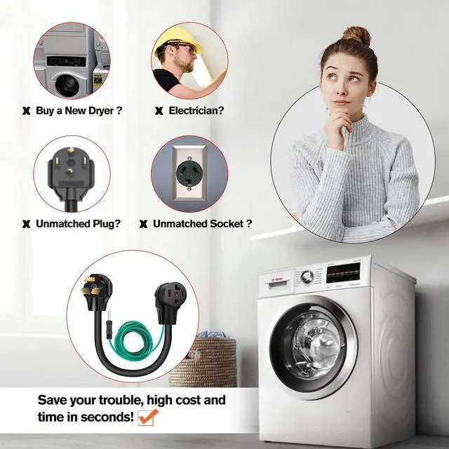 Alt view image 3 of 7 - WELLUCK 1.5 FT 4 Prong to 3 Prong Dryer Adapter, 30 Amp Dryer Outlet Plug Power Cord, NEMA 10-30P Male to 14-30R Female Three Prong Converter, 250V 3prone Old Clothes Dryer Connector w/Ground Wire