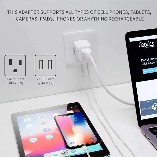 Alt view image 3 of 3 - Ceptics Israel, Palestine Travel Plug Set - with 2 USB + USA Socket Input - Type H and Type C- Ultra Compact - Safe Grounded Perfect for Cell Phones, Laptops, Camera Chargers