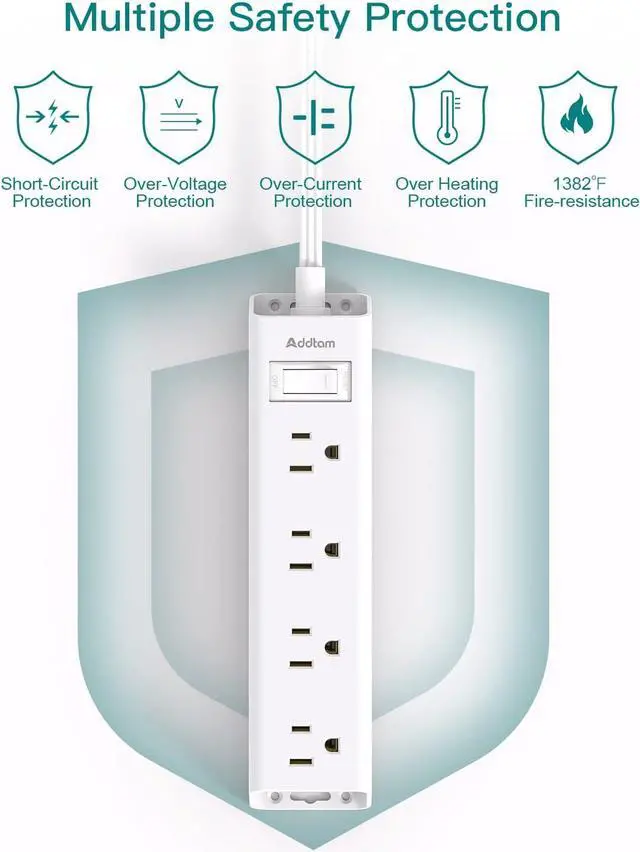 Alt view image 6 of 7 - 10FT Extension Cord - Power Strip Surge Protector, Flat Plug, Addtam 12 Widely Outlets 3 Sides Outlet Extender, 900J, Wall Mount, Desk Charging Station Compact for Home Office Dorm Room Essentials
