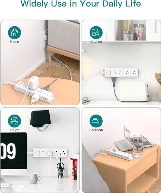 Alt view image 7 of 7 - 10FT Extension Cord - Power Strip Surge Protector, Flat Plug, Addtam 12 Widely Outlets 3 Sides Outlet Extender, 900J, Wall Mount, Desk Charging Station Compact for Home Office Dorm Room Essentials