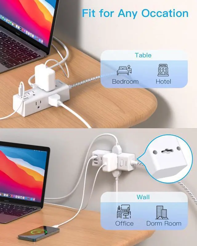 Alt view image 7 of 7 - Power Strip Surge Protector - 6 Widely Outlets with 3 USB Ports(1 USB C), 3 Sided Outlet Extender, 10 Ft Flat Plug Extension Cord, Wall Mount Small Power Strip for Home Office Travel College Dorm Room