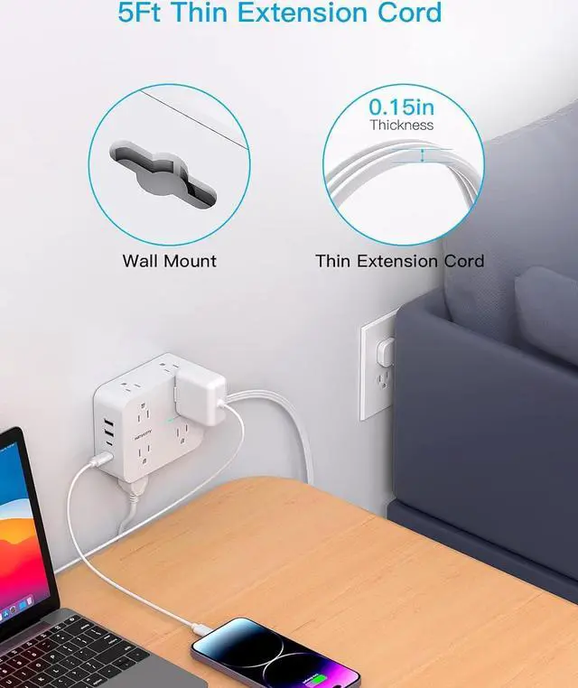 Alt view image 7 of 7 - Surge Protector Power Strip, HANYCONY Extension Cord with Multiple Outlets, 5 Ft Ultra Thin Flat Plug 8 Outlets 4 USB Ports(2USB C), 1080J Outlet Extender for Home Office College Dorm Room Essentials