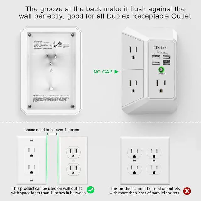 Alt view image 3 of 7 - Wall Charger, Surge Protector, QINLIANF 5 Outlet Extender with 4 USB Charging Ports (4.8A Total) 3-Sided 1680J Power Strip Multi Plug Adapter Spaced for Home Travel Office (3U1C)