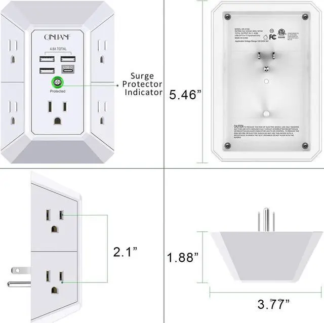 Alt view image 7 of 7 - Wall Charger, Surge Protector, QINLIANF 5 Outlet Extender with 4 USB Charging Ports (4.8A Total) 3-Sided 1680J Power Strip Multi Plug Adapter Spaced for Home Travel Office (3U1C)