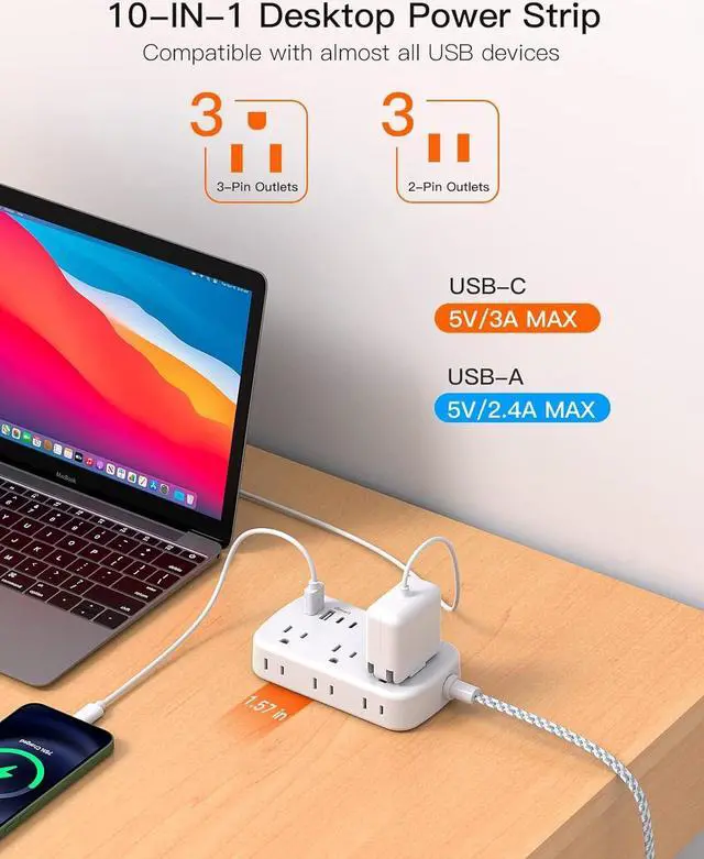 Alt view image 3 of 7 - Flat Extension Cord, 5FT Flat Plug Power Strip with USB C, 6 Outlets 4 USB Port(2 USB C), No Surge Protector, Cruise Ship, Dorm Room Travel Essentials