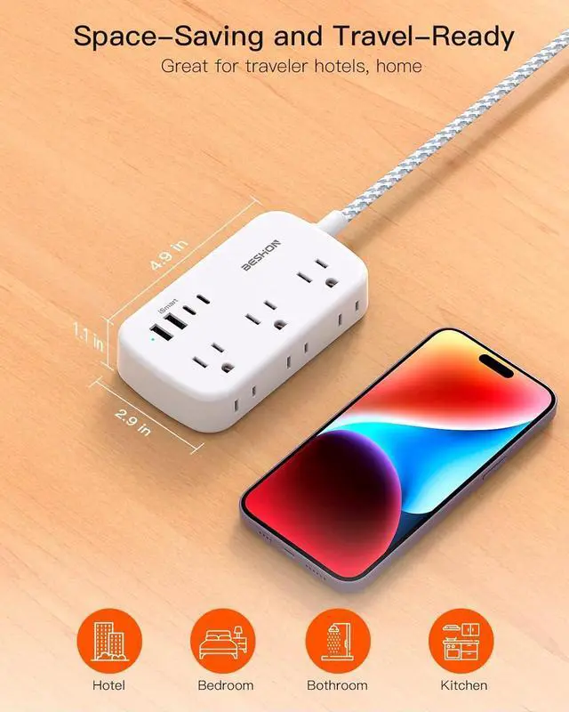 Alt view image 5 of 7 - Flat Extension Cord, 5FT Flat Plug Power Strip with USB C, 6 Outlets 4 USB Port(2 USB C), No Surge Protector, Cruise Ship, Dorm Room Travel Essentials