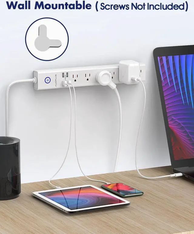 Alt view image 5 of 6 - Power Strip 10Ft - Surge Protector with USB, AUOPLUS 6 Outlet and 4 USB Charger, 10Ft Long Extension Cord Flat Plug(1250W/10A/2100J), Wall Mountable Overload Protection for Computer Home Office Dorm