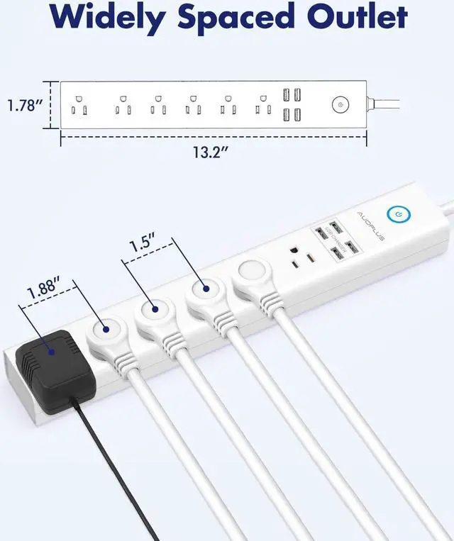 Alt view image 6 of 6 - Power Strip 10Ft - Surge Protector with USB, AUOPLUS 6 Outlet and 4 USB Charger, 10Ft Long Extension Cord Flat Plug(1250W/10A/2100J), Wall Mountable Overload Protection for Computer Home Office Dorm
