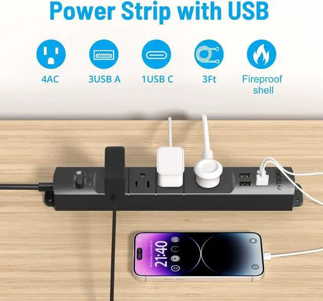 Alt view image 2 of 7 - TROND Surge Protector Power Strip with USB, Ultra Thin Flat Plug 3ft Extension Cord 1625W, 3 USB A & 1 Type C, 4 AC Outlets 1440J Surge Protection, ETL Listed, Wall Mount for Home Office Dorm, Black