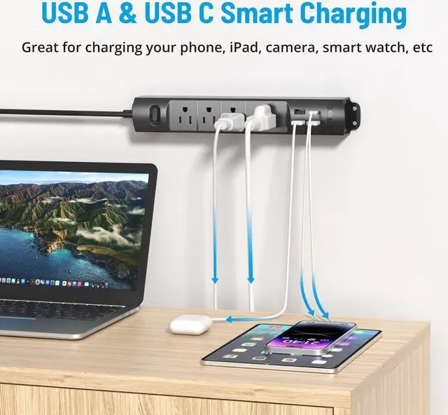 Alt view image 4 of 7 - TROND Surge Protector Power Strip with USB, Ultra Thin Flat Plug 3ft Extension Cord 1625W, 3 USB A & 1 Type C, 4 AC Outlets 1440J Surge Protection, ETL Listed, Wall Mount for Home Office Dorm, Black