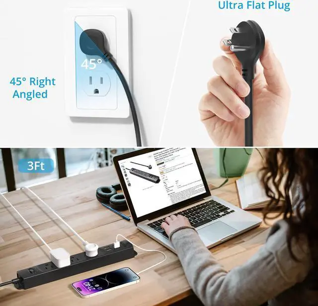 Alt view image 3 of 7 - TROND Surge Protector Power Strip with USB, Ultra Thin Flat Plug 3ft Extension Cord 1625W, 3 USB A & 1 Type C, 4 AC Outlets 1440J Surge Protection, ETL Listed, Wall Mount for Home Office Dorm, Black