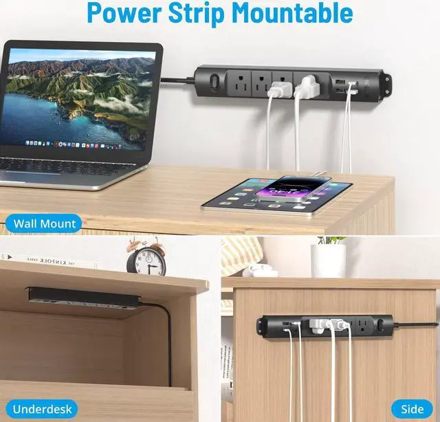 Alt view image 6 of 7 - TROND Surge Protector Power Strip with USB, Ultra Thin Flat Plug 3ft Extension Cord 1625W, 3 USB A & 1 Type C, 4 AC Outlets 1440J Surge Protection, ETL Listed, Wall Mount for Home Office Dorm, Black