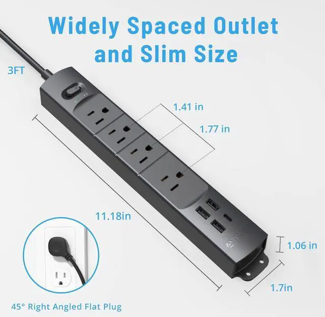 Alt view image 7 of 7 - TROND Surge Protector Power Strip with USB, Ultra Thin Flat Plug 3ft Extension Cord 1625W, 3 USB A & 1 Type C, 4 AC Outlets 1440J Surge Protection, ETL Listed, Wall Mount for Home Office Dorm, Black