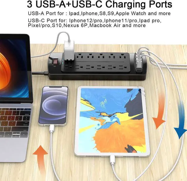 Alt view image 4 of 7 - Power Strip, Tcstei Surge Protector with 12 Outlets and 4 USB Ports, 6 Feet Extension Cord (1875W/15A) for for Home, Office, Dorm Essentials, 2700 Joules, ETL Listed, (Black)