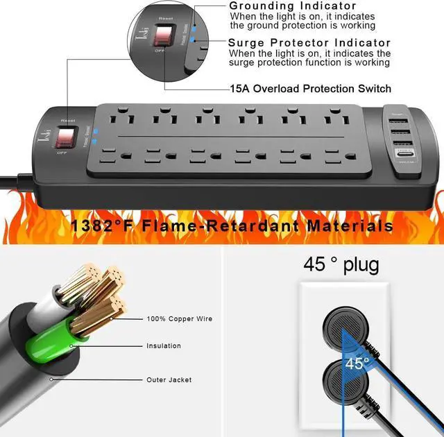 Alt view image 6 of 7 - Power Strip, Tcstei Surge Protector with 12 Outlets and 4 USB Ports, 6 Feet Extension Cord (1875W/15A) for for Home, Office, Dorm Essentials, 2700 Joules, ETL Listed, (Black)
