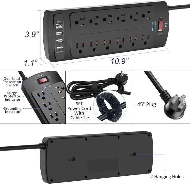 Alt view image 7 of 7 - Power Strip, Tcstei Surge Protector with 12 Outlets and 4 USB Ports, 6 Feet Extension Cord (1875W/15A) for for Home, Office, Dorm Essentials, 2700 Joules, ETL Listed, (Black)