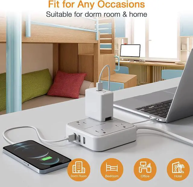 Alt view image 6 of 7 - Power Strip with 3 USB Ports, TESSAN 5 ft Extension Cord Flat Plug with 4 Outlets, Indoor Desk Charging Station, Mountable Compact for Travel, Cruise Ship, Office, School, Dorm Room Essentials Gray