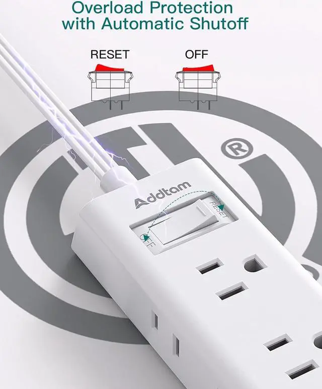 Alt view image 7 of 7 - Flat Extension Cord 10 ft - Addtam Flat Plug Power Strip with 6 Outlets Extender, No Surge Protector for Cruise Ship, Dorm Room Travel Essentials, ETL Listed