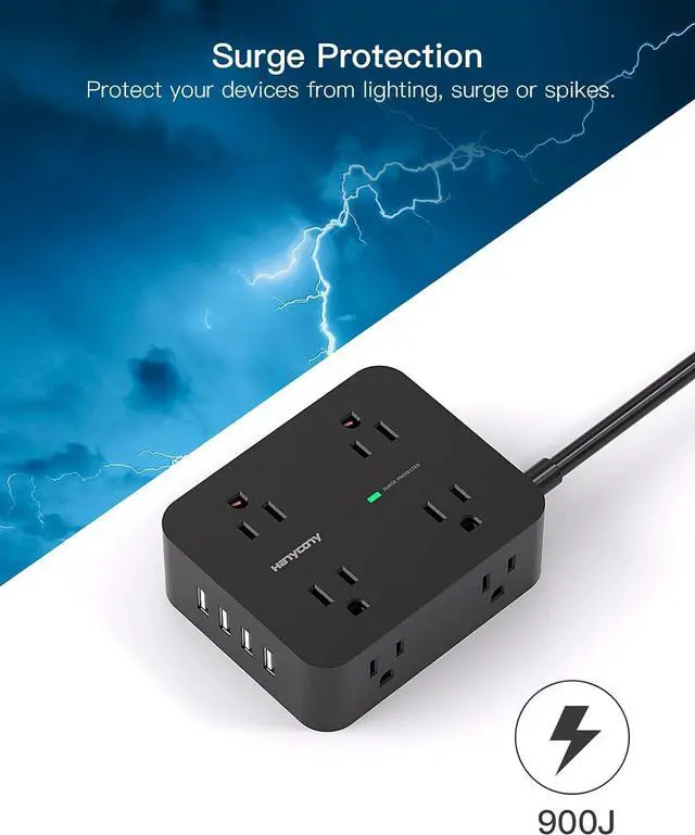 Alt view image 4 of 7 - HANYCONY Power Strip Surge Protector, 5 Ft Exetnsion Cord with Multiple Outlets, Outlet Extender with 4 USB Ports, Flat Plug, Wall Mount for Home Office Dorm Room Essentials, ETI Listed, Black