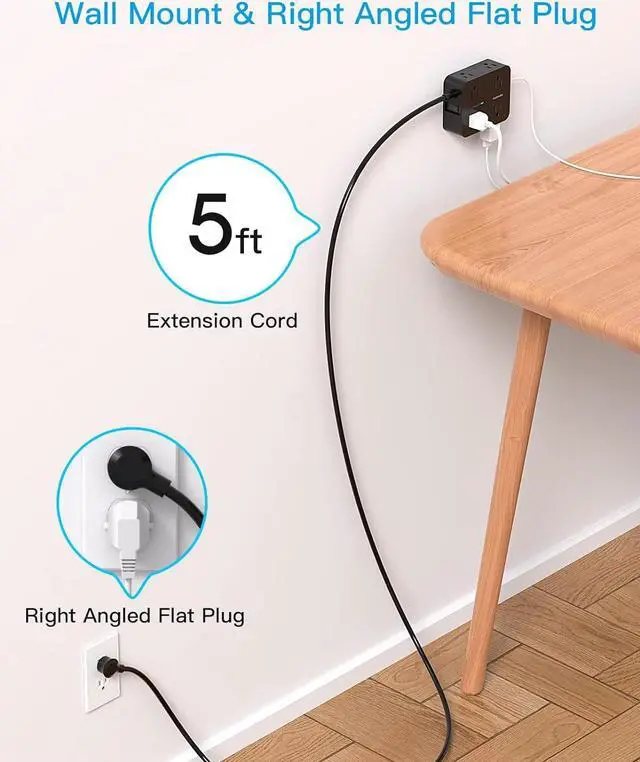 Alt view image 7 of 7 - HANYCONY Power Strip Surge Protector, 5 Ft Exetnsion Cord with Multiple Outlets, Outlet Extender with 4 USB Ports, Flat Plug, Wall Mount for Home Office Dorm Room Essentials, ETI Listed, Black