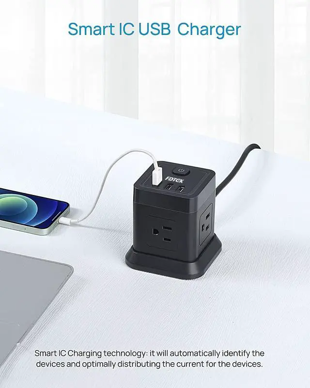 Alt view image 7 of 7 - FDTEK 15 FT Extension Cord Power Strip USB C, 4 Outlets 3 USB Ports Black | 15ft Extra Long Extension Cord Widely Spaced Outlets Flat Plug Power Strip with USB for Home Office & Dorm Room ETL Listed