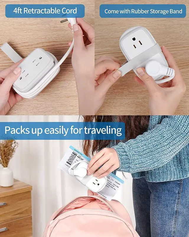 Alt view image 3 of 7 - Travel Power Strip with USB C, NTONPOWER 4 Outlets 3 USB(1 USB-C), 4ft Flat Plug Extension Cord with USB C Ports, Portable Power Strip Flat Plug, Compact for Travel Hotel Cruise Essentials, White