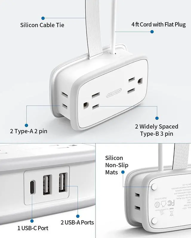 Alt view image 7 of 7 - Travel Power Strip with USB C, NTONPOWER 4 Outlets 3 USB(1 USB-C), 4ft Flat Plug Extension Cord with USB C Ports, Portable Power Strip Flat Plug, Compact for Travel Hotel Cruise Essentials, White