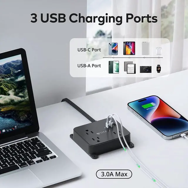 Alt view image 5 of 7 - TROND Ultra Thin Flat Extension Cord, Flat Plug Power Strip with 3 USB Charger, 3 AC Outlets Desktop Charging Station, Wall Mount Low Profile Power Strip for Home, Bedroom, Dorm Room Essentials Black