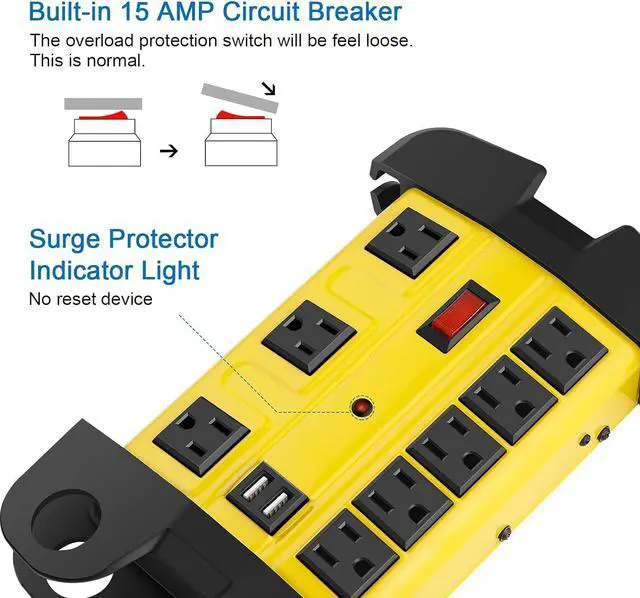 Alt view image 3 of 7 - Heavy Duty Power Strip with USB Workshop 8 Outlet Surge Protector 2700 Joules Industrial Metal 15Amp Power Strip 6FT Extension Cord and Wide Spaced. Yellow