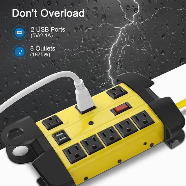 Alt view image 2 of 7 - Heavy Duty Power Strip with USB Workshop 8 Outlet Surge Protector 2700 Joules Industrial Metal 15Amp Power Strip 6FT Extension Cord and Wide Spaced. Yellow