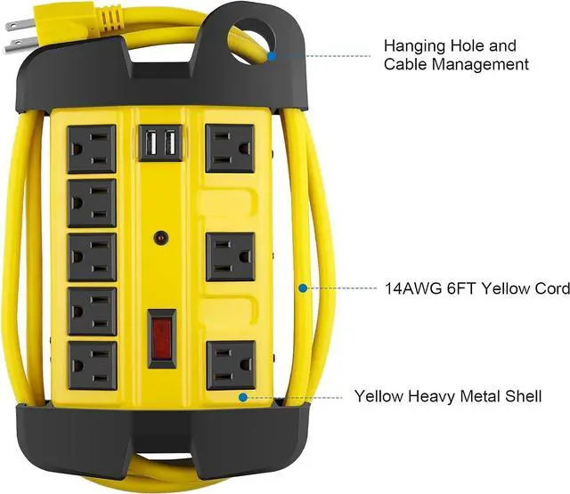 Alt view image 6 of 7 - Heavy Duty Power Strip with USB Workshop 8 Outlet Surge Protector 2700 Joules Industrial Metal 15Amp Power Strip 6FT Extension Cord and Wide Spaced. Yellow