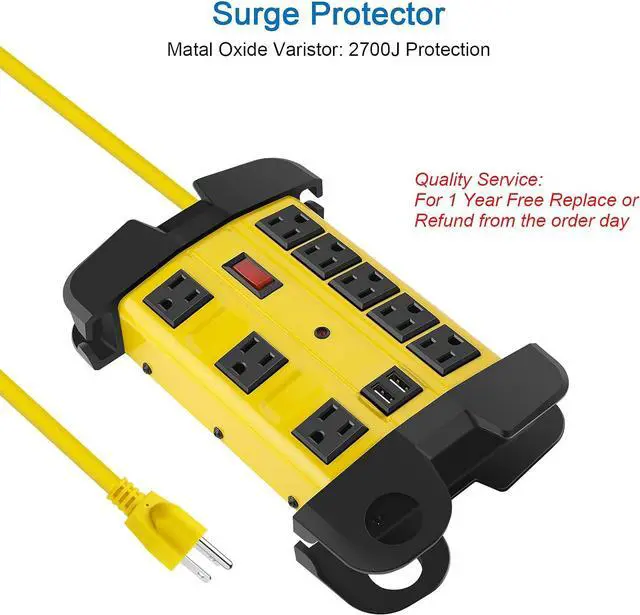Alt view image 4 of 7 - Heavy Duty Power Strip with USB Workshop 8 Outlet Surge Protector 2700 Joules Industrial Metal 15Amp Power Strip 6FT Extension Cord and Wide Spaced. Yellow