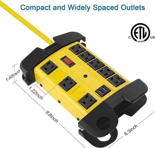 Alt view image 5 of 7 - Heavy Duty Power Strip with USB Workshop 8 Outlet Surge Protector 2700 Joules Industrial Metal 15Amp Power Strip 6FT Extension Cord and Wide Spaced. Yellow