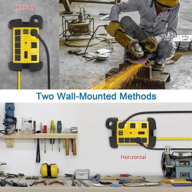 Alt view image 7 of 7 - Heavy Duty Power Strip with USB Workshop 8 Outlet Surge Protector 2700 Joules Industrial Metal 15Amp Power Strip 6FT Extension Cord and Wide Spaced. Yellow