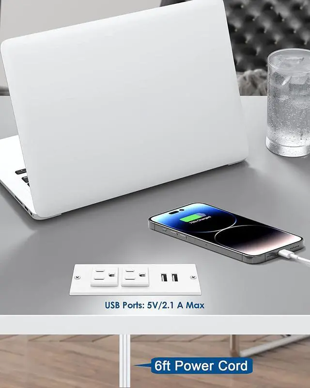 Alt view image 3 of 7 - Conference Recessed Power Strip Socket 6.56Ft Cord,Desktop Power Grommet Power Strip with 2-Outlet & 2 USB Ports,Furniture Flush Mount Charging Station,Desk Outlet for Side Table or End Table(White)