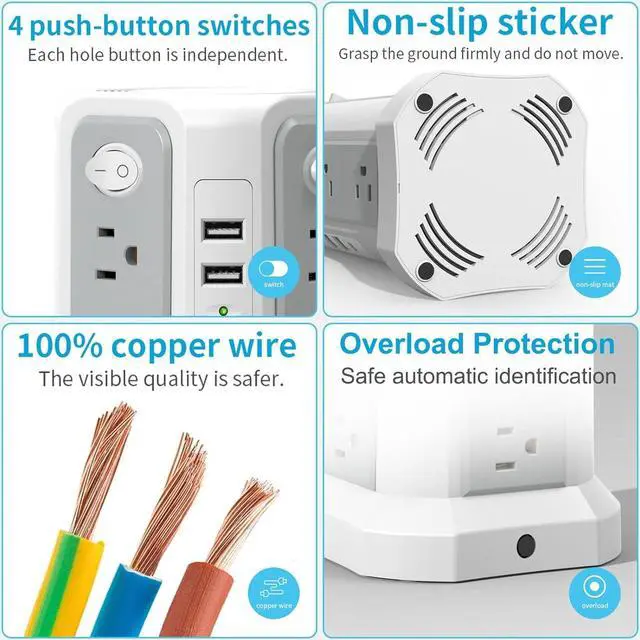 Alt view image 6 of 6 - Surge Protector Power Strip with USB C Port,10FT Extension Cord with 12 AC Outlets, Power Strips with Surge Protection for Home Office DormRoom