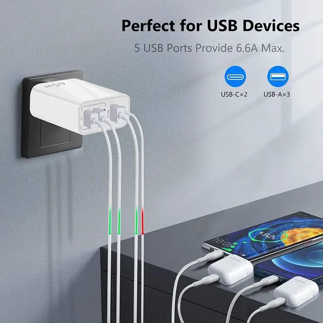 Alt view image 4 of 7 - European USB C Charger Block, PD20W QC3.0 Fast Charging Multi Ports, 2 USB C 3 USB A Europe Plug Compatible for iPhone 15 14 13 12 11 Pro Max XS XR X SE Plus, Samsung S22 S21 A13, Phones