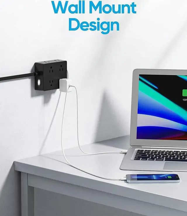 Alt view image 4 of 6 - Surge Protector Power Strip, Olcorife Ultra Thin Flat Plug Extension Cord 5ft, 8 Outlets 4 USB Ports(1 USB C), Flat Wall Plug Outlet Extender, College Dorm Room Essentials, Black