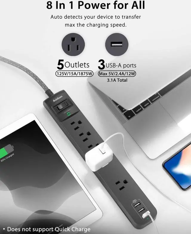 Alt view image 2 of 7 - 10 Ft Power Strip Surge Protector- 5 Outlets 3 USB Ports, Flat Plug Braided Extension Cord, Overload Surge Protection, Wall Mount for Hotel, Home and Office.