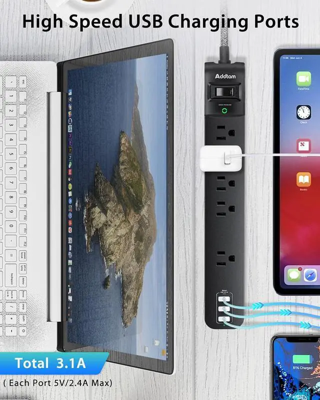 Alt view image 5 of 7 - 10 Ft Power Strip Surge Protector- 5 Outlets 3 USB Ports, Flat Plug Braided Extension Cord, Overload Surge Protection, Wall Mount for Hotel, Home and Office.