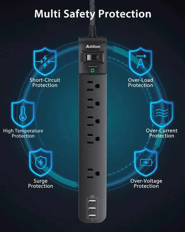 Alt view image 7 of 7 - 10 Ft Power Strip Surge Protector- 5 Outlets 3 USB Ports, Flat Plug Braided Extension Cord, Overload Surge Protection, Wall Mount for Hotel, Home and Office.