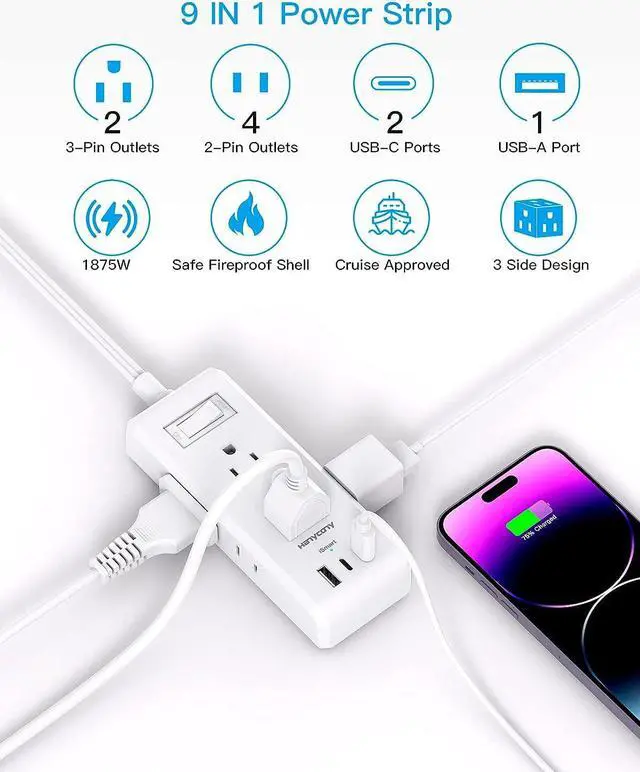 Alt view image 2 of 7 - Flat Plug Power Strip, HANYCONY Ultra Thin Extension Cord, 6 Outlets 3 USB Ports(2 USB C), 5ft Multiple Outlet Extender with Wall Mount No Surge Protector for Dorm Room, Cruise, Travel Essentials