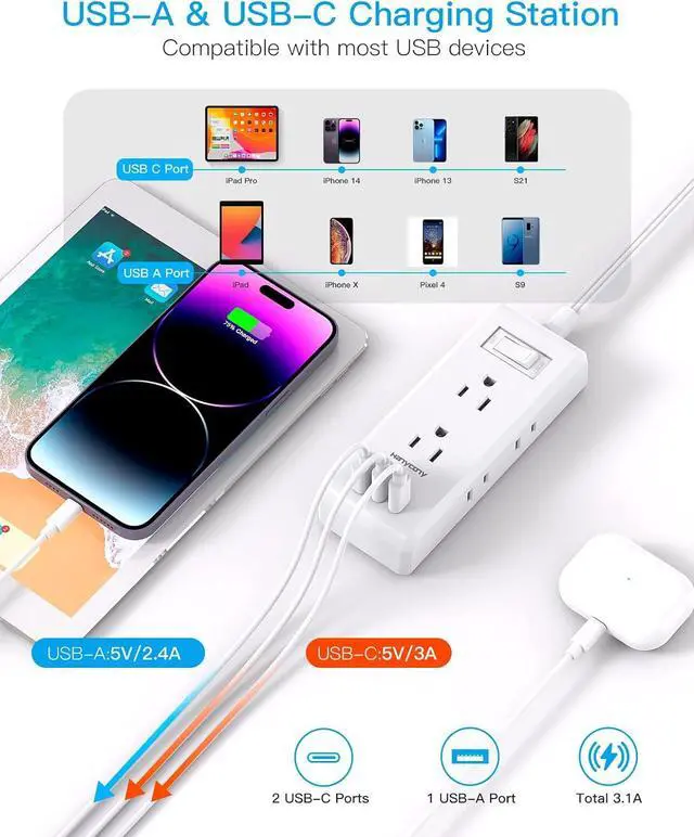 Alt view image 3 of 7 - Flat Plug Power Strip, HANYCONY Ultra Thin Extension Cord, 6 Outlets 3 USB Ports(2 USB C), 5ft Multiple Outlet Extender with Wall Mount No Surge Protector for Dorm Room, Cruise, Travel Essentials