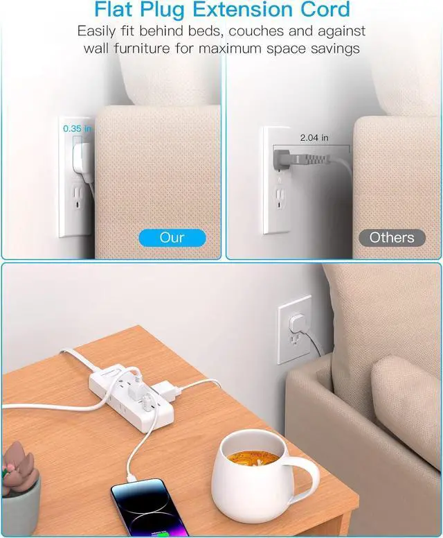 Alt view image 4 of 7 - Flat Plug Power Strip, HANYCONY Ultra Thin Extension Cord, 6 Outlets 3 USB Ports(2 USB C), 5ft Multiple Outlet Extender with Wall Mount No Surge Protector for Dorm Room, Cruise, Travel Essentials