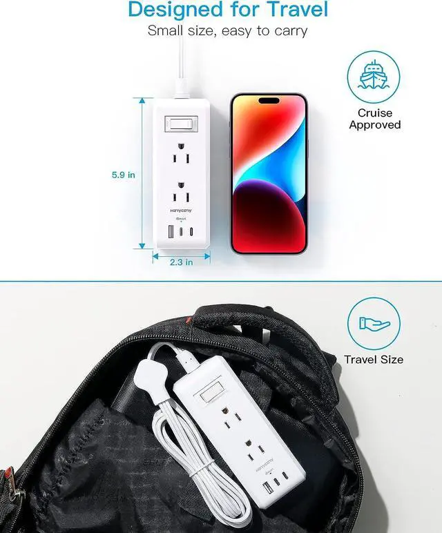 Alt view image 6 of 7 - Flat Plug Power Strip, HANYCONY Ultra Thin Extension Cord, 6 Outlets 3 USB Ports(2 USB C), 5ft Multiple Outlet Extender with Wall Mount No Surge Protector for Dorm Room, Cruise, Travel Essentials