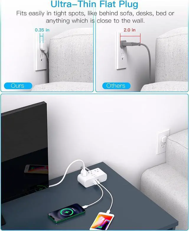 Alt view image 2 of 7 - Flat Extension Cord 10 Ft, Ultra Thin Flat Plug Power Strip, 3 Outlets 3 USB Ports(2 USB C) Desk Charging Station, Power Strip with No Surge Protector for Cruise Ship, Travel, Dorm Room Essentials