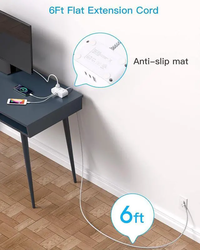Alt view image 6 of 7 - Flat Extension Cord 10 Ft, Ultra Thin Flat Plug Power Strip, 3 Outlets 3 USB Ports(2 USB C) Desk Charging Station, Power Strip with No Surge Protector for Cruise Ship, Travel, Dorm Room Essentials