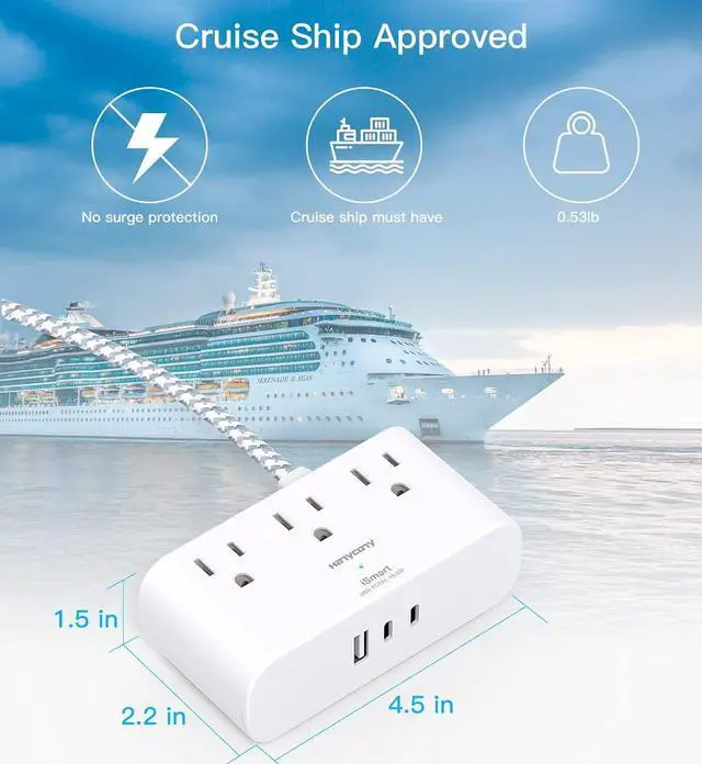 Alt view image 4 of 7 - Flat Extension Cord 10 Ft, Ultra Thin Flat Plug Power Strip, 3 Outlets 3 USB Ports(2 USB C) Desk Charging Station, Power Strip with No Surge Protector for Cruise Ship, Travel, Dorm Room Essentials